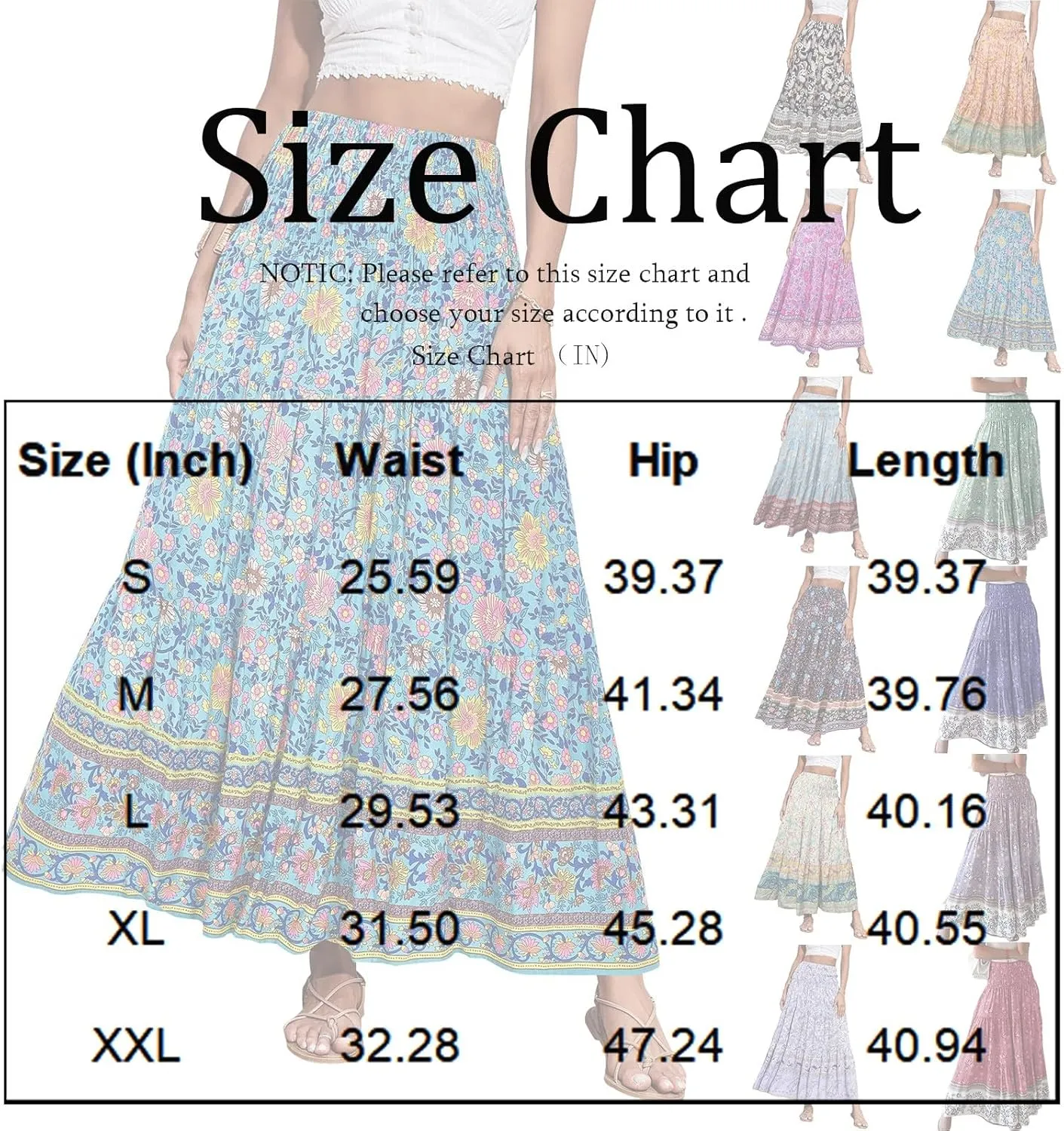 Long Boho Skirts for Women Trendy Floral Elastic High Waisted Tiered Maxi Skirt Summer Elastic A Line Beach Flowy Skirts