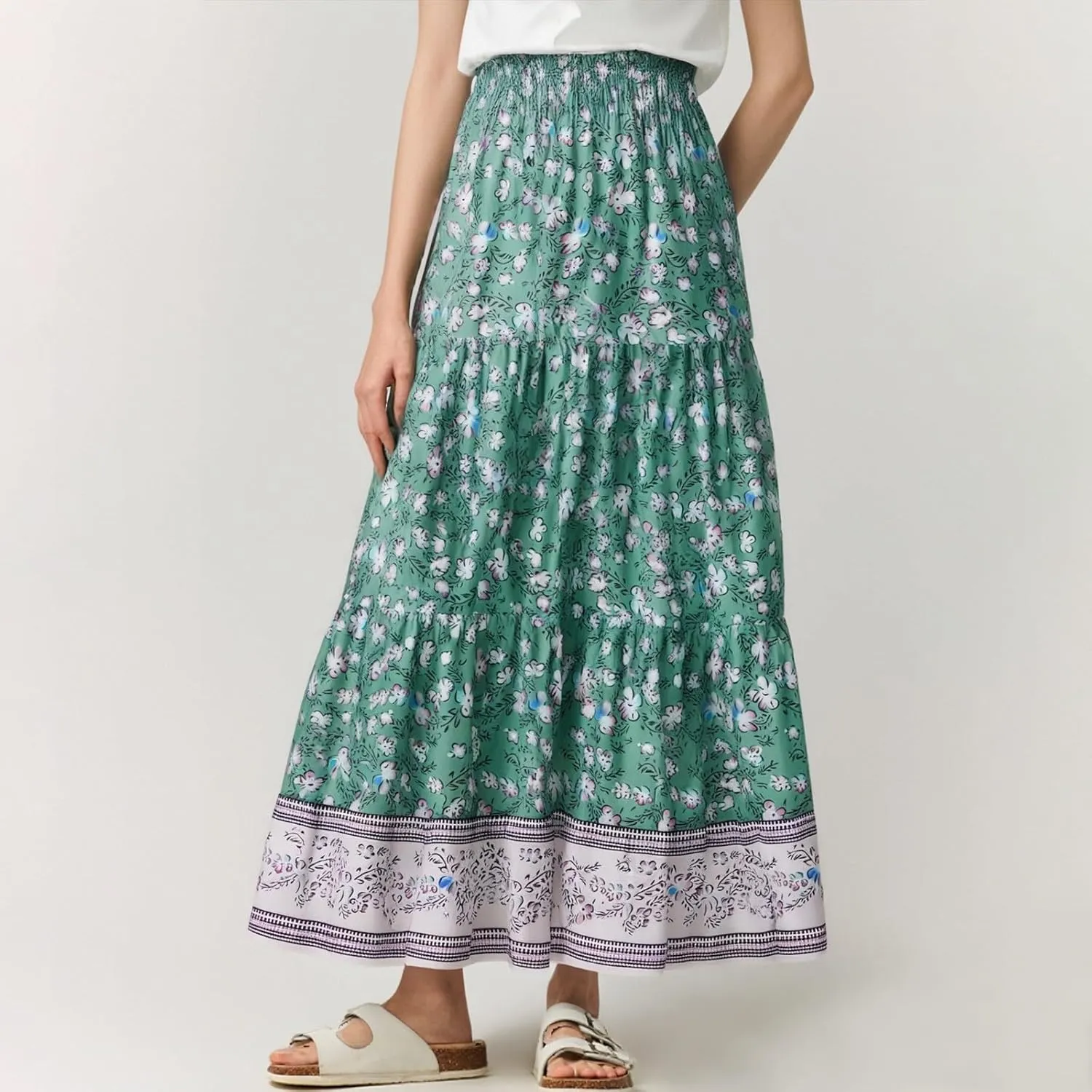 Long Boho Skirts for Women Trendy Floral Elastic High Waisted Tiered Maxi Skirt Summer Elastic A Line Beach Flowy Skirts