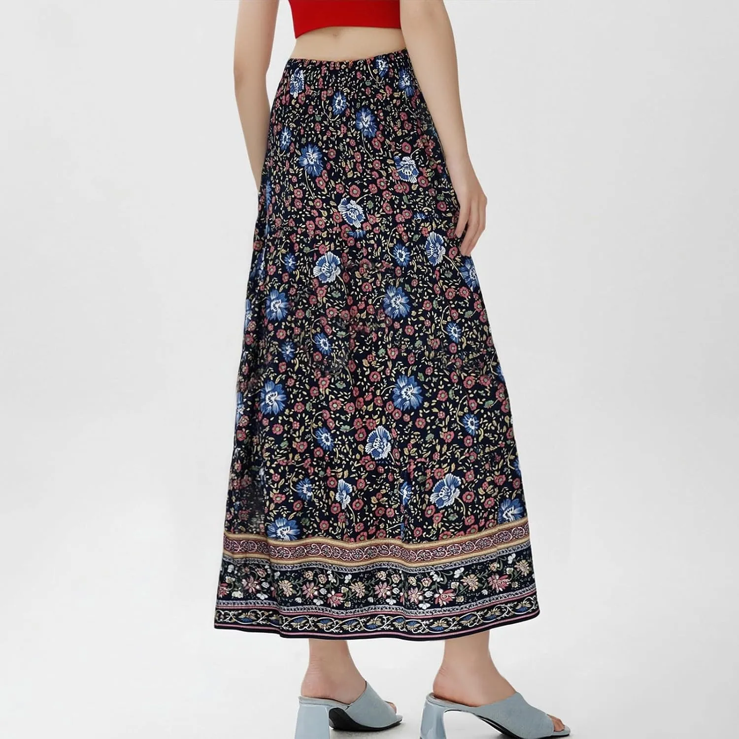 Long Boho Skirts for Women Trendy Floral Elastic High Waisted Tiered Maxi Skirt Summer Elastic A Line Beach Flowy Skirts