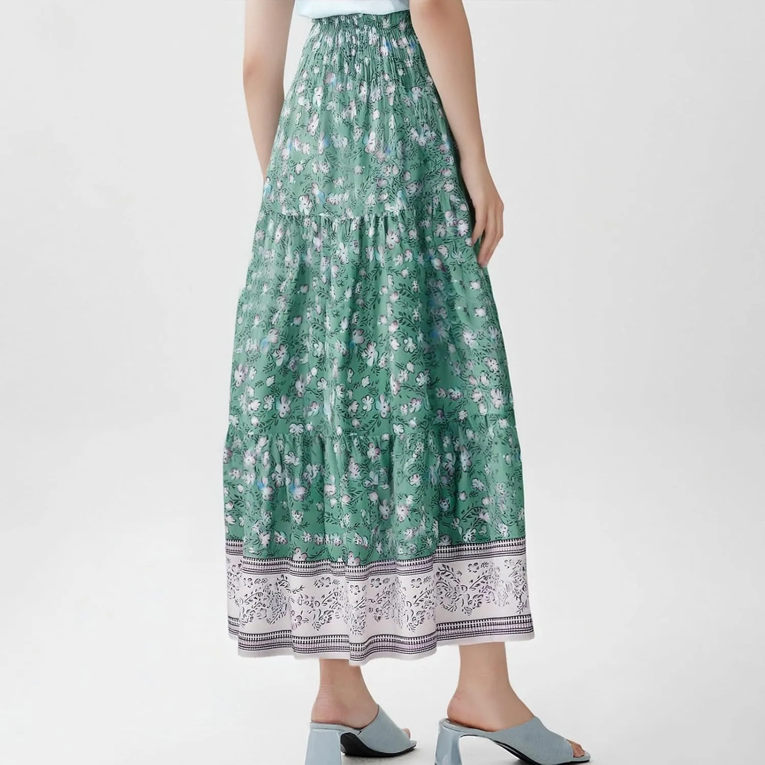 Long Boho Skirts for Women Trendy Floral Elastic High Waisted Tiered Maxi Skirt Summer Elastic A Line Beach Flowy Skirts