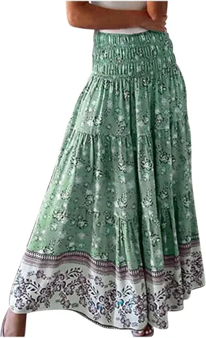 Long Boho Skirts for Women Trendy Floral Elastic High Waisted Tiered Maxi Skirt Summer Elastic A Line Beach Flowy Skirts