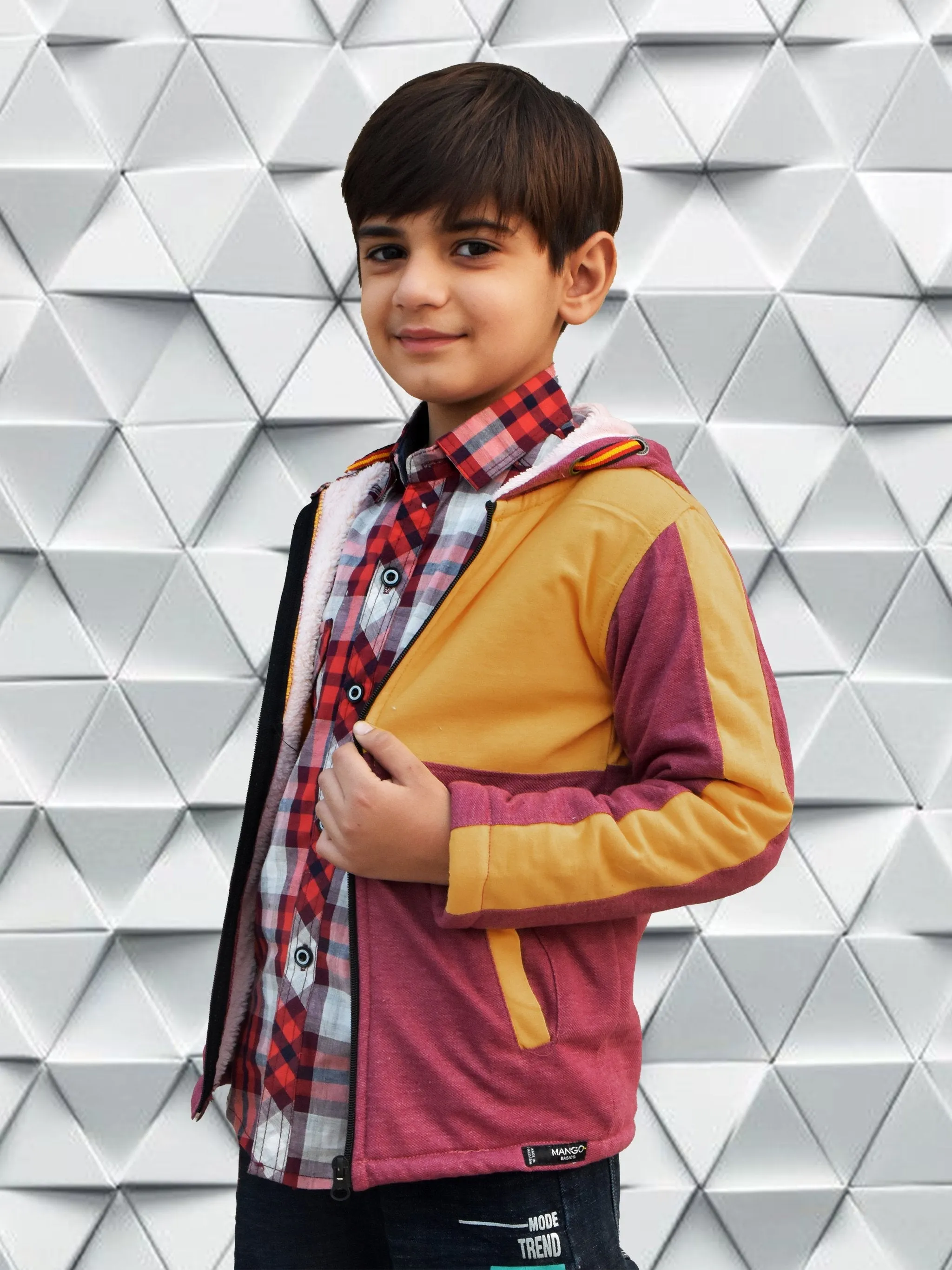Mango Stylish Inner Fur Zipper Hoodie For Kids-Golden & Burgundy-BR963