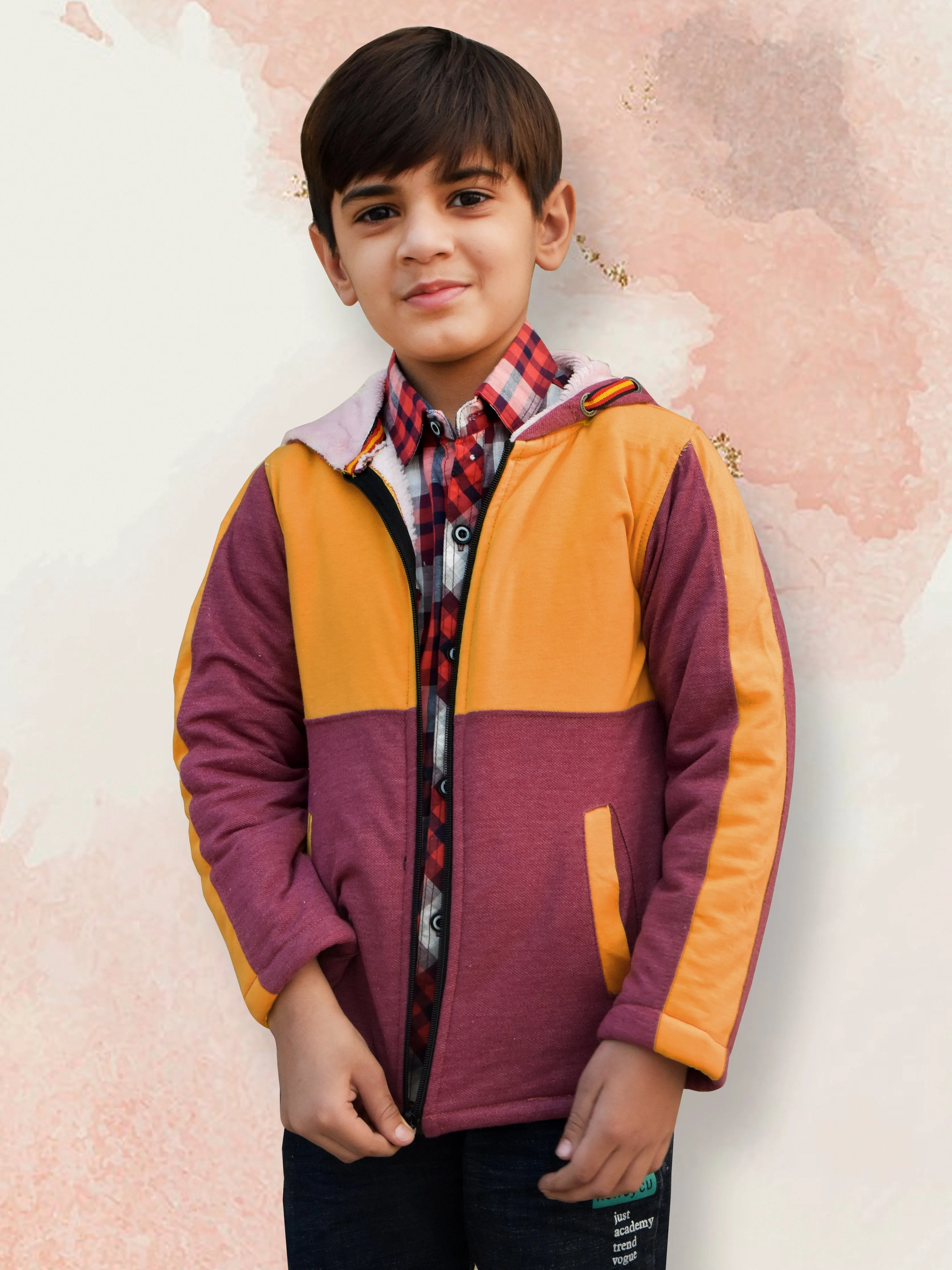 Mango Stylish Inner Fur Zipper Hoodie For Kids-Golden & Burgundy-BR963