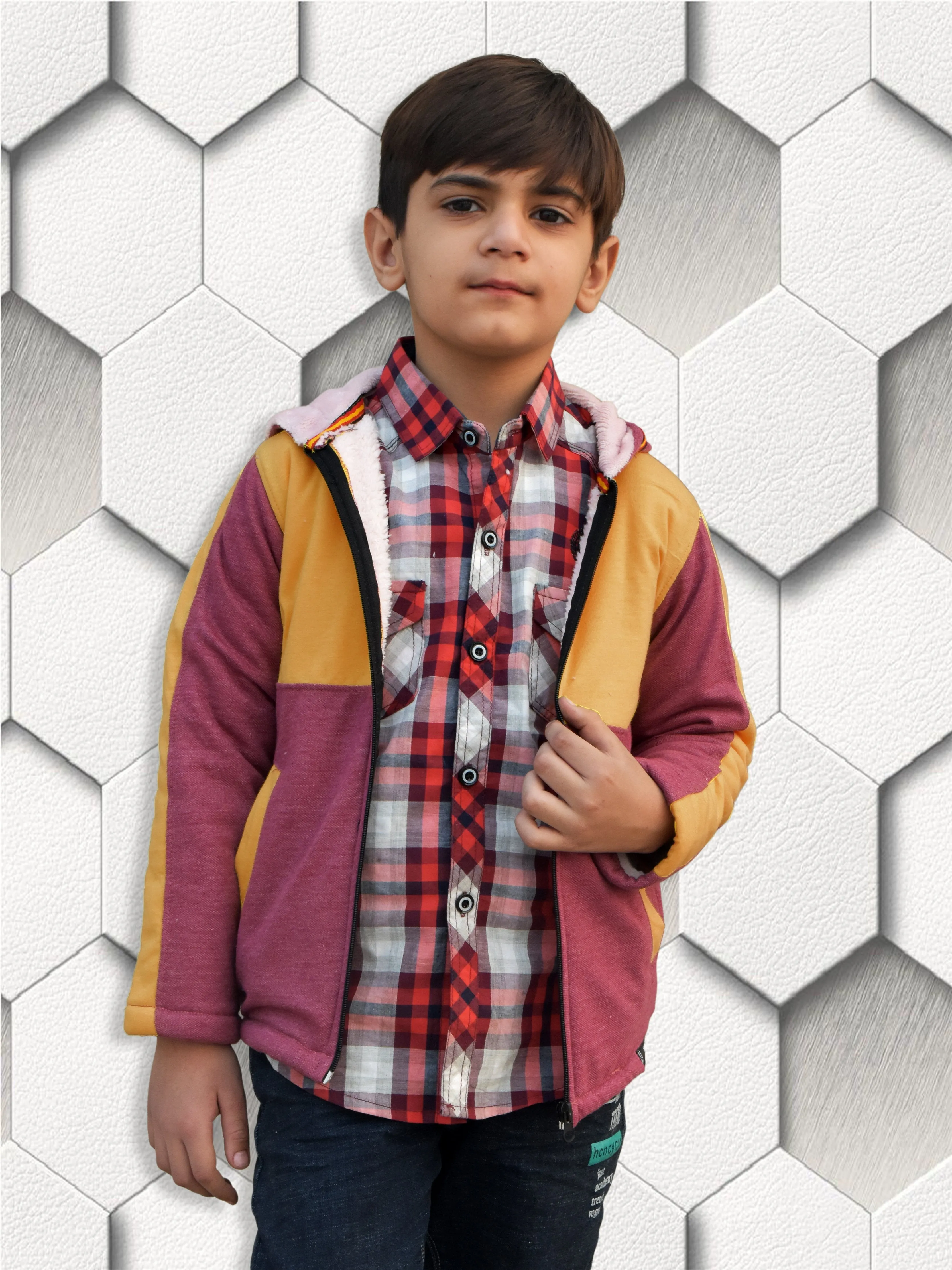 Mango Stylish Inner Fur Zipper Hoodie For Kids-Golden & Burgundy-BR963