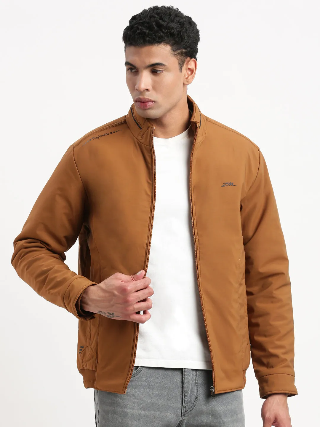 Men Mock Collar Brown Bomber Jacket
