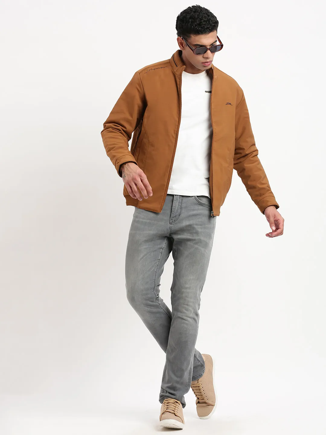 Men Mock Collar Brown Bomber Jacket