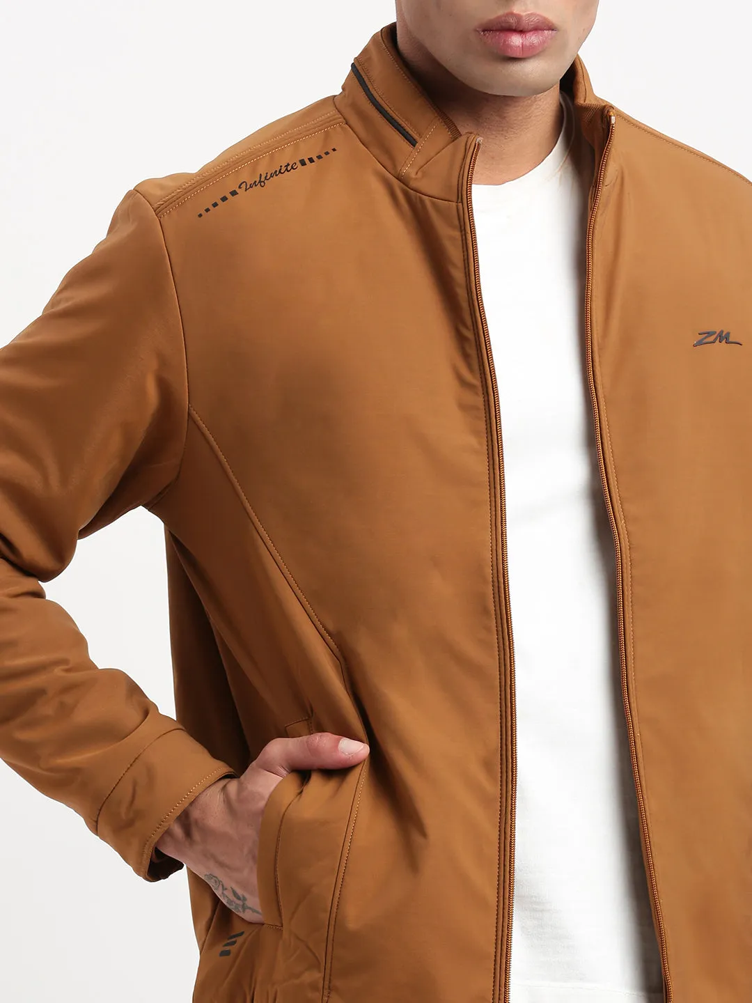Men Mock Collar Brown Bomber Jacket