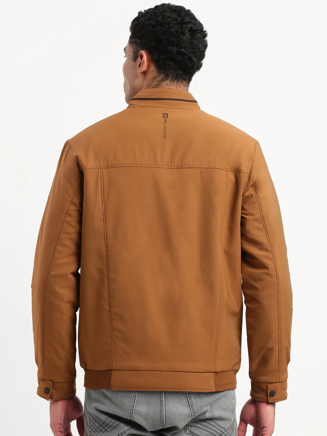 Men Mock Collar Brown Bomber Jacket