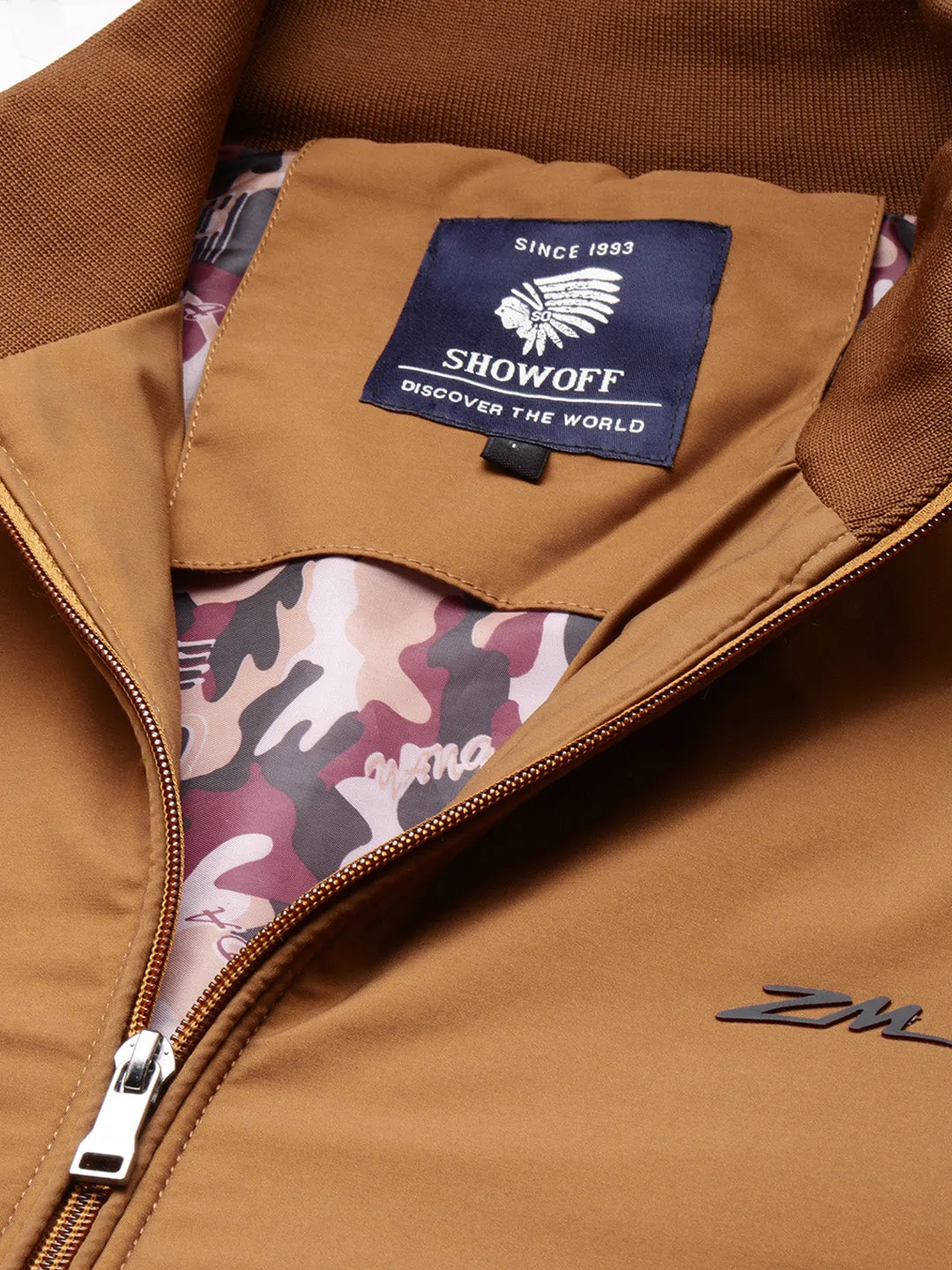 Men Mock Collar Brown Bomber Jacket