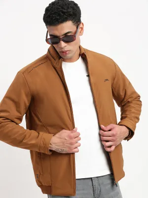 Men Mock Collar Brown Bomber Jacket