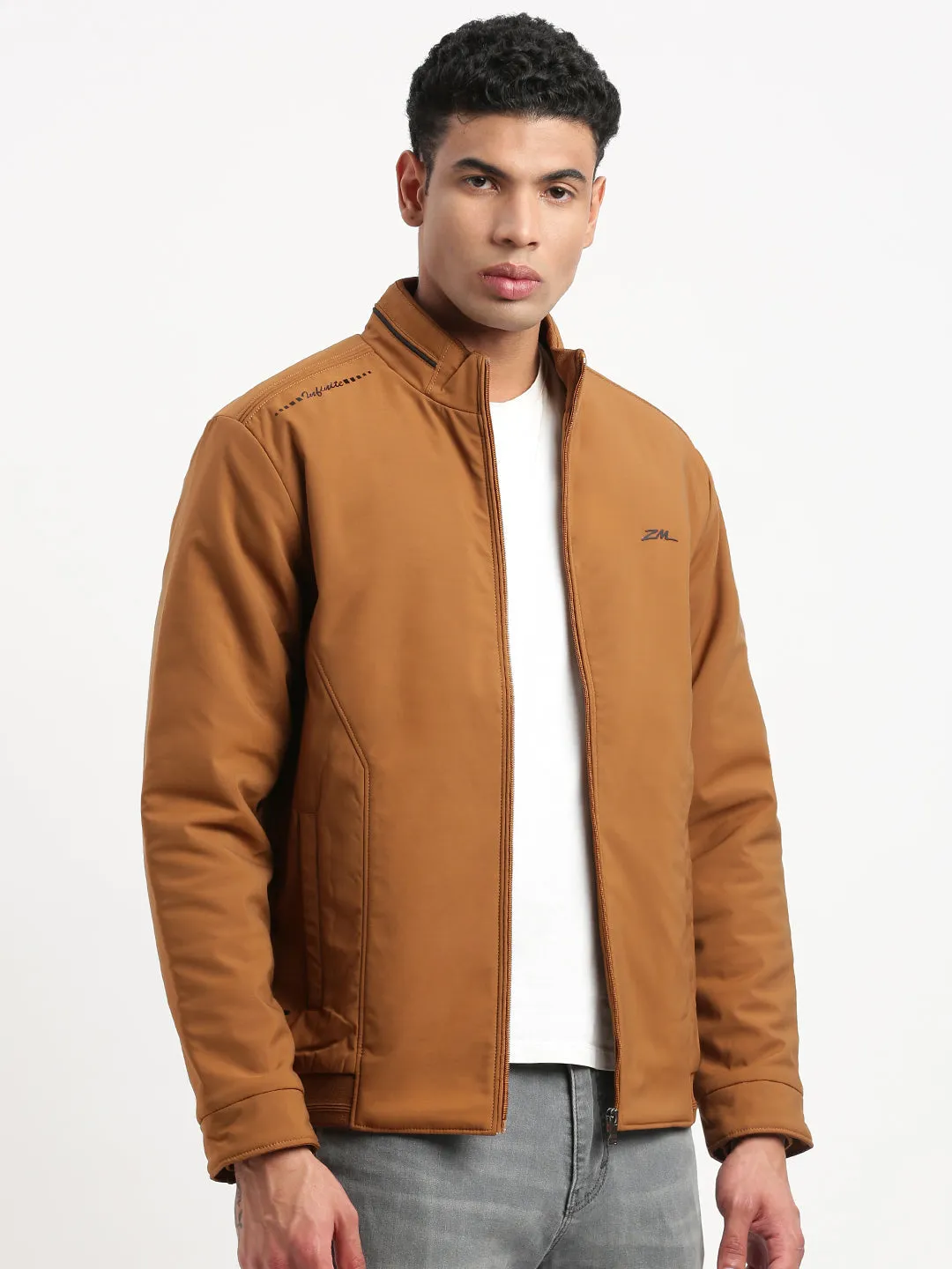 Men Mock Collar Brown Bomber Jacket