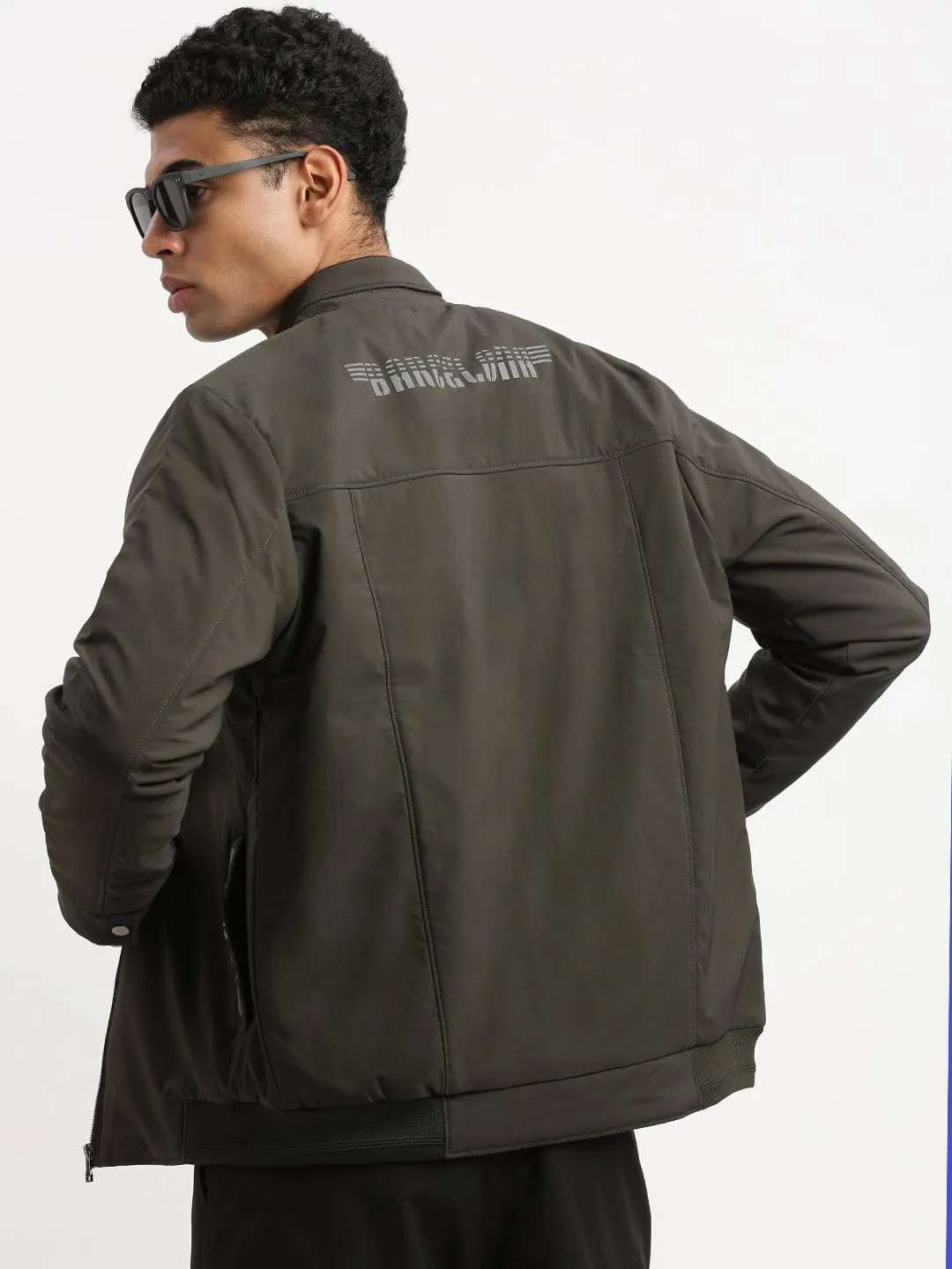 Men Mock Collar Green Solid Casual Bomber Jacket