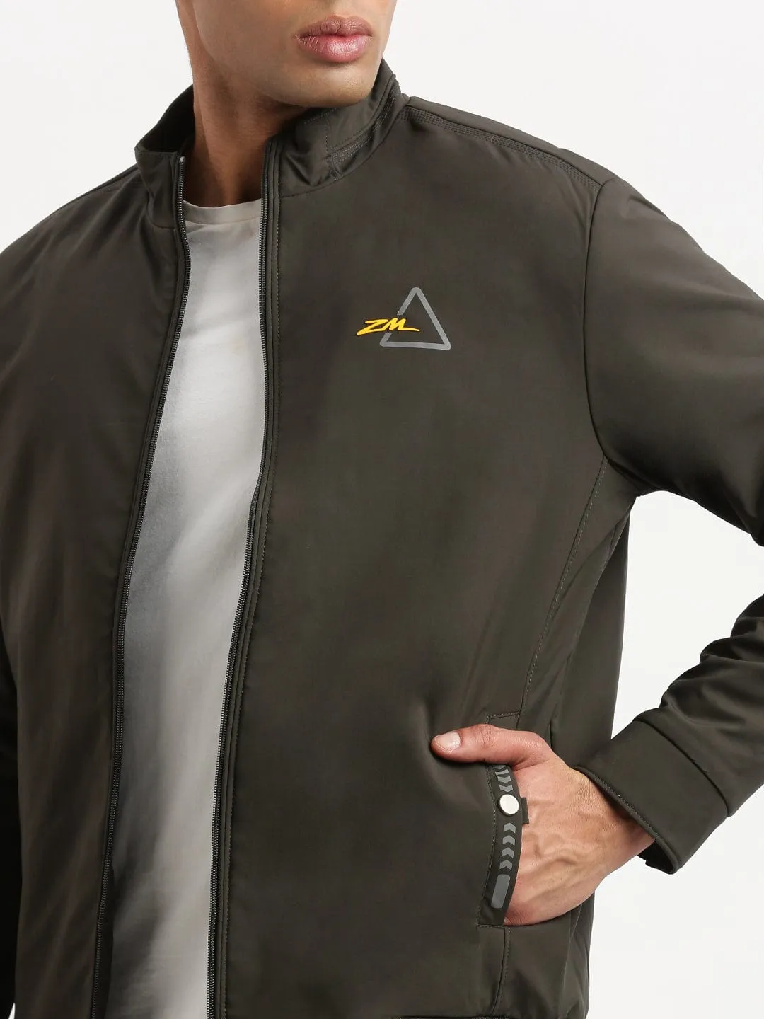 Men Mock Collar Green Solid Casual Bomber Jacket
