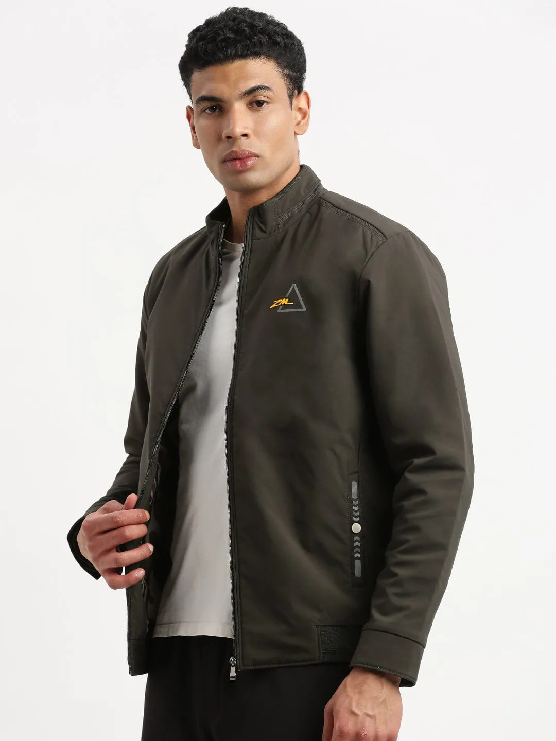 Men Mock Collar Green Solid Casual Bomber Jacket