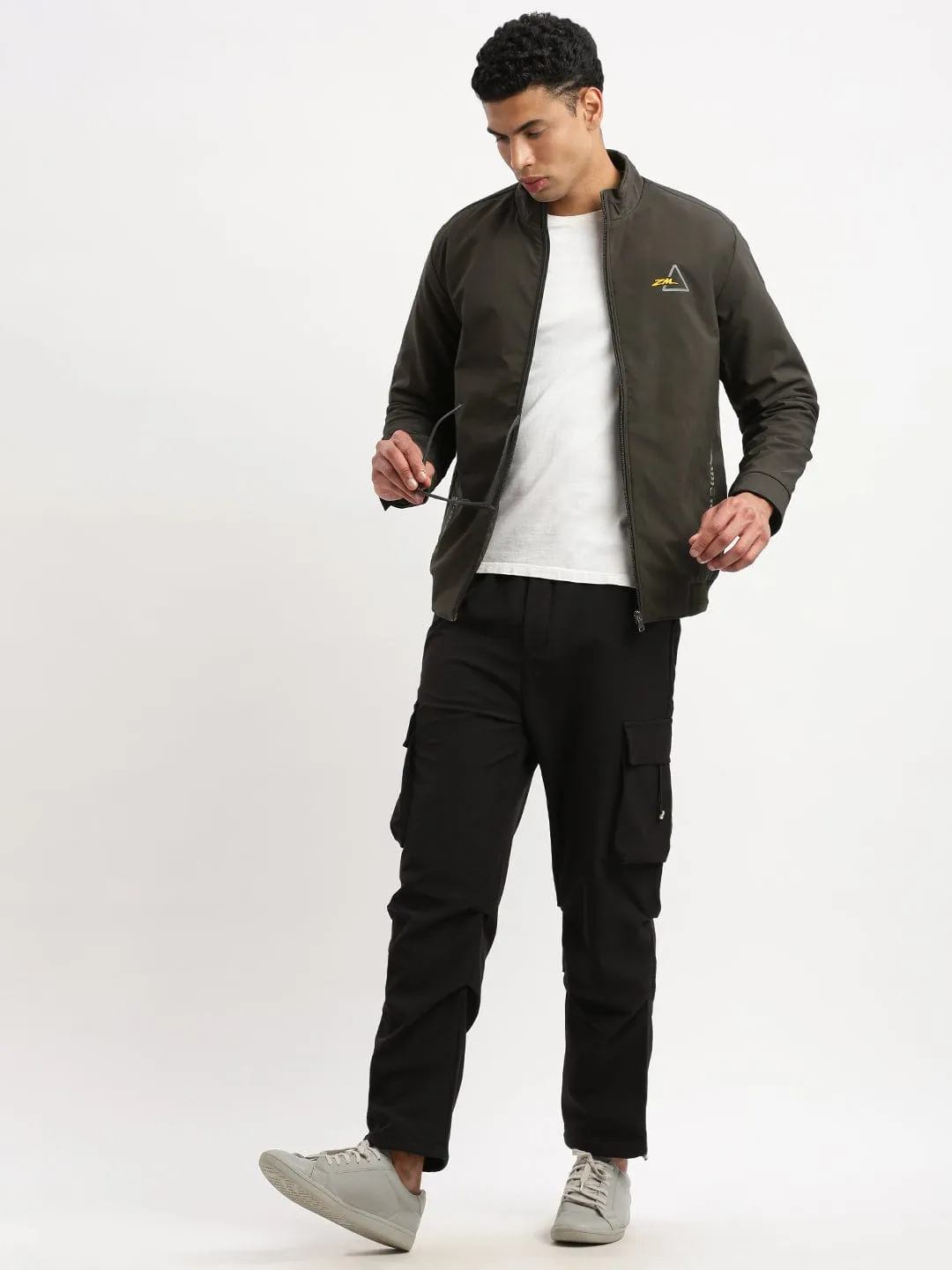 Men Mock Collar Green Solid Casual Bomber Jacket