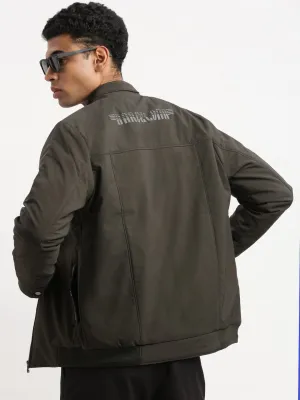 Men Mock Collar Green Solid Casual Bomber Jacket