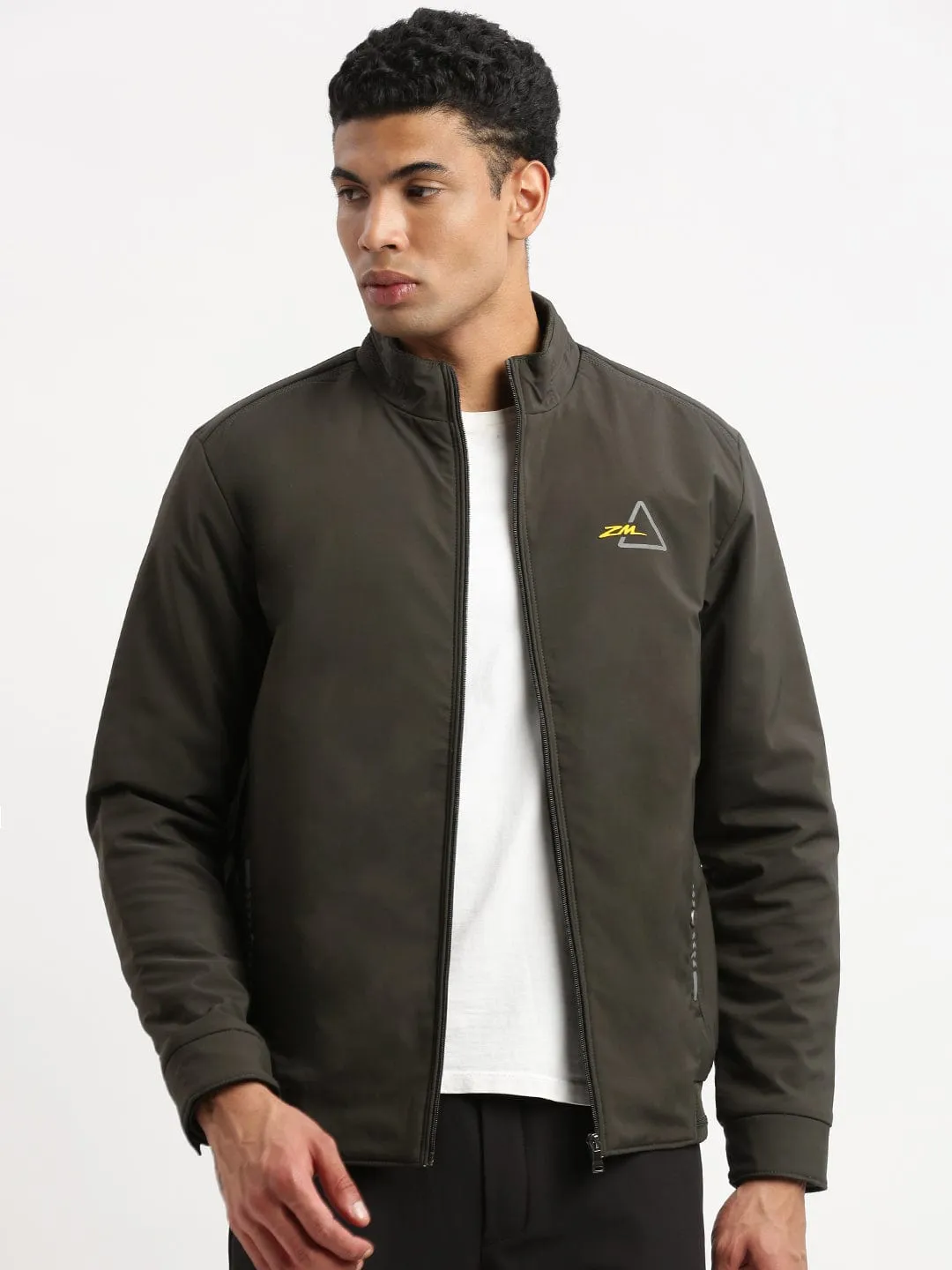Men Mock Collar Green Solid Casual Bomber Jacket