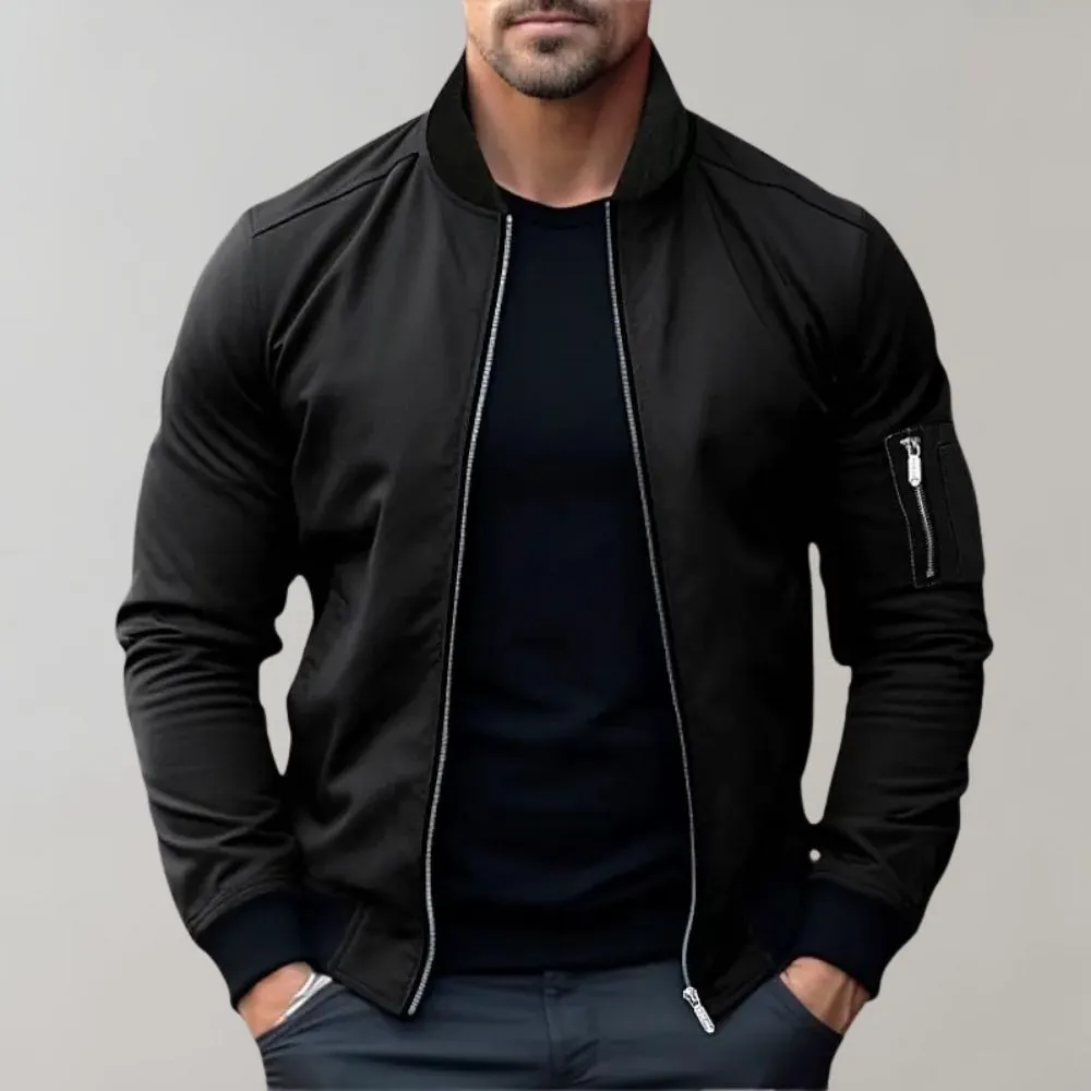 Mens Bomber Jacket - Lightweight Zip Front - Ribbed Collar - Slim Fit Casual Style