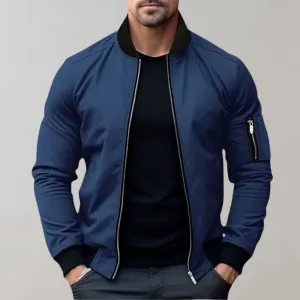 Mens Bomber Jacket - Lightweight Zip Front - Ribbed Collar - Slim Fit Casual Style
