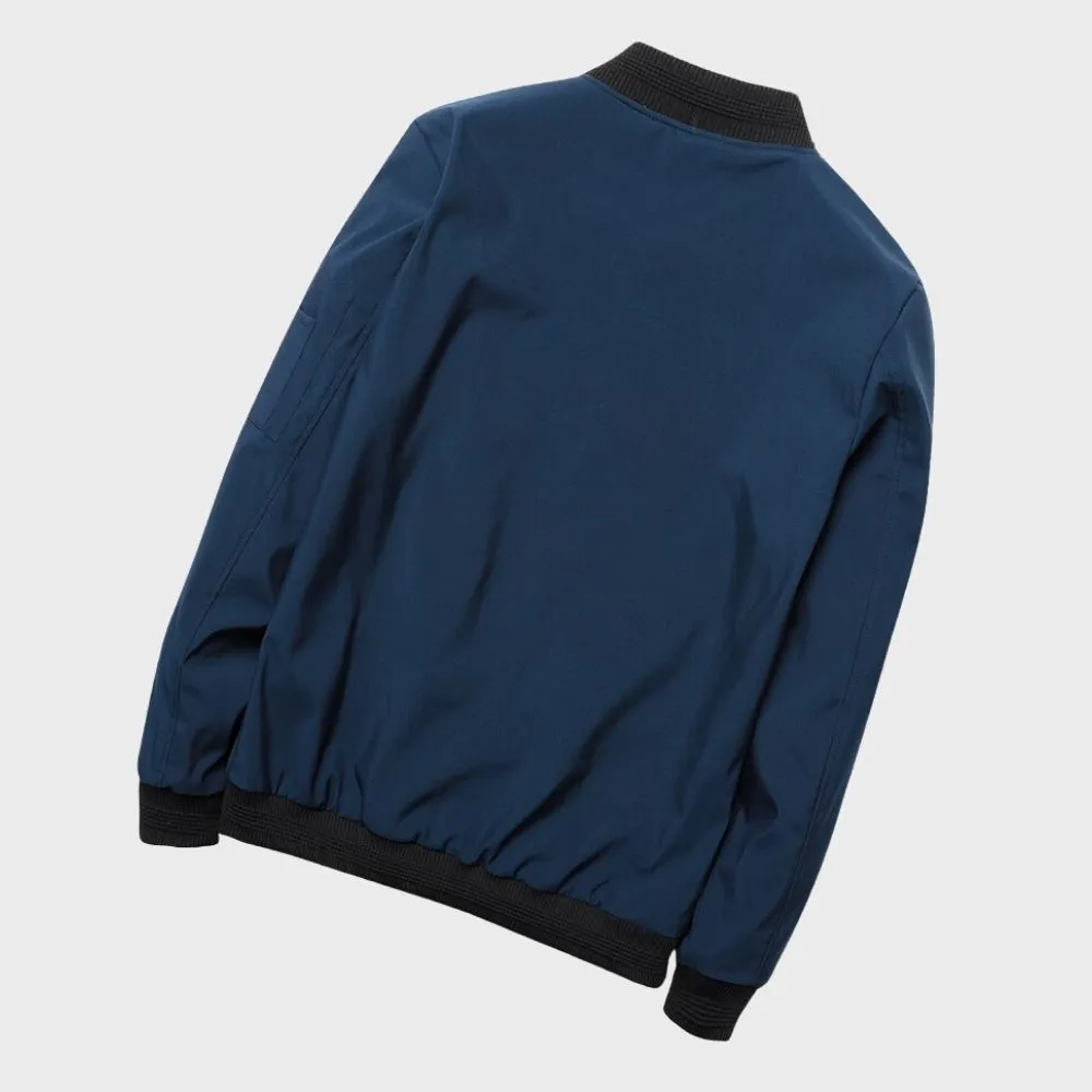 Mens Bomber Jacket - Lightweight Zip Front - Ribbed Collar - Slim Fit Casual Style