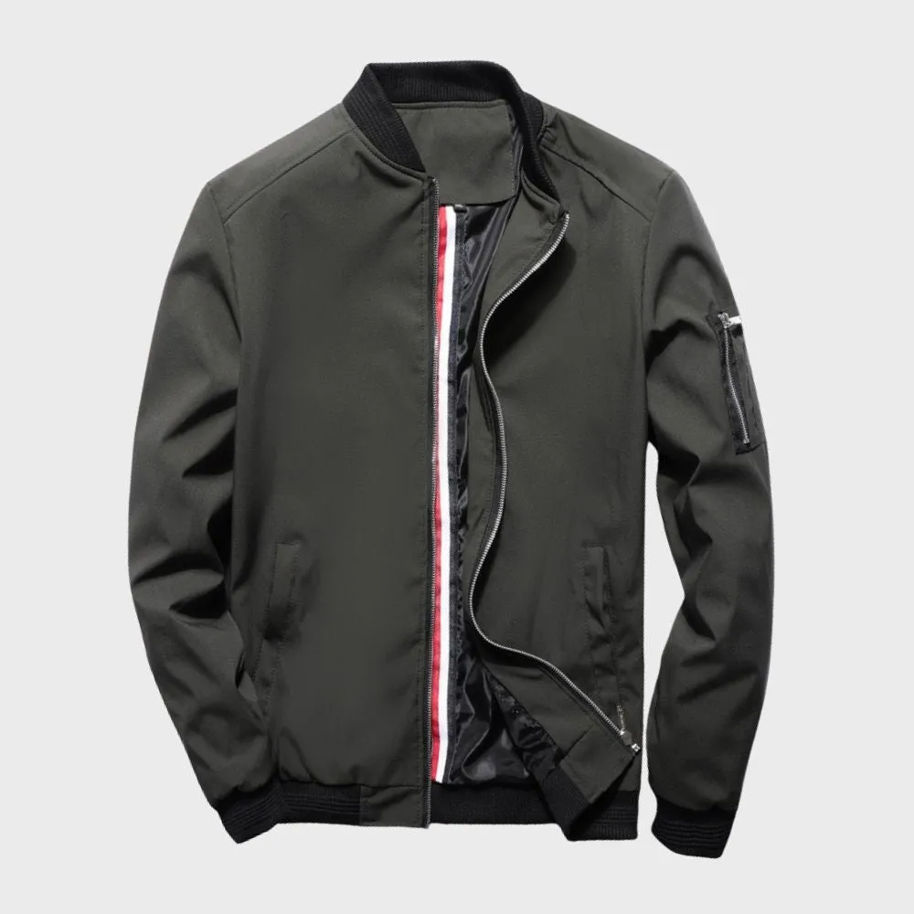 Mens Bomber Jacket - Lightweight Zip Front - Ribbed Collar - Slim Fit Casual Style