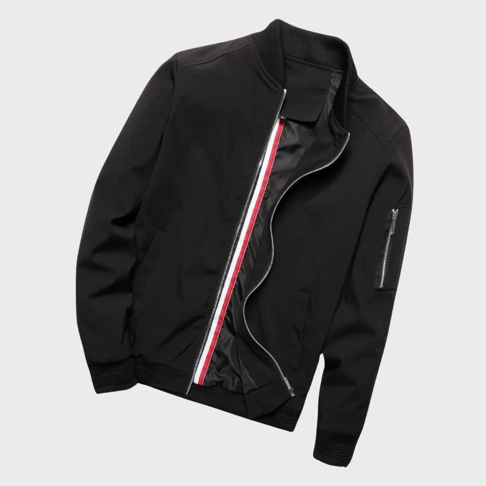 Mens Bomber Jacket - Lightweight Zip Front - Ribbed Collar - Slim Fit Casual Style