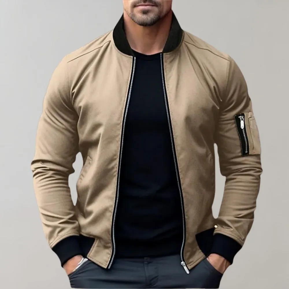 Mens Bomber Jacket - Lightweight Zip Front - Ribbed Collar - Slim Fit Casual Style