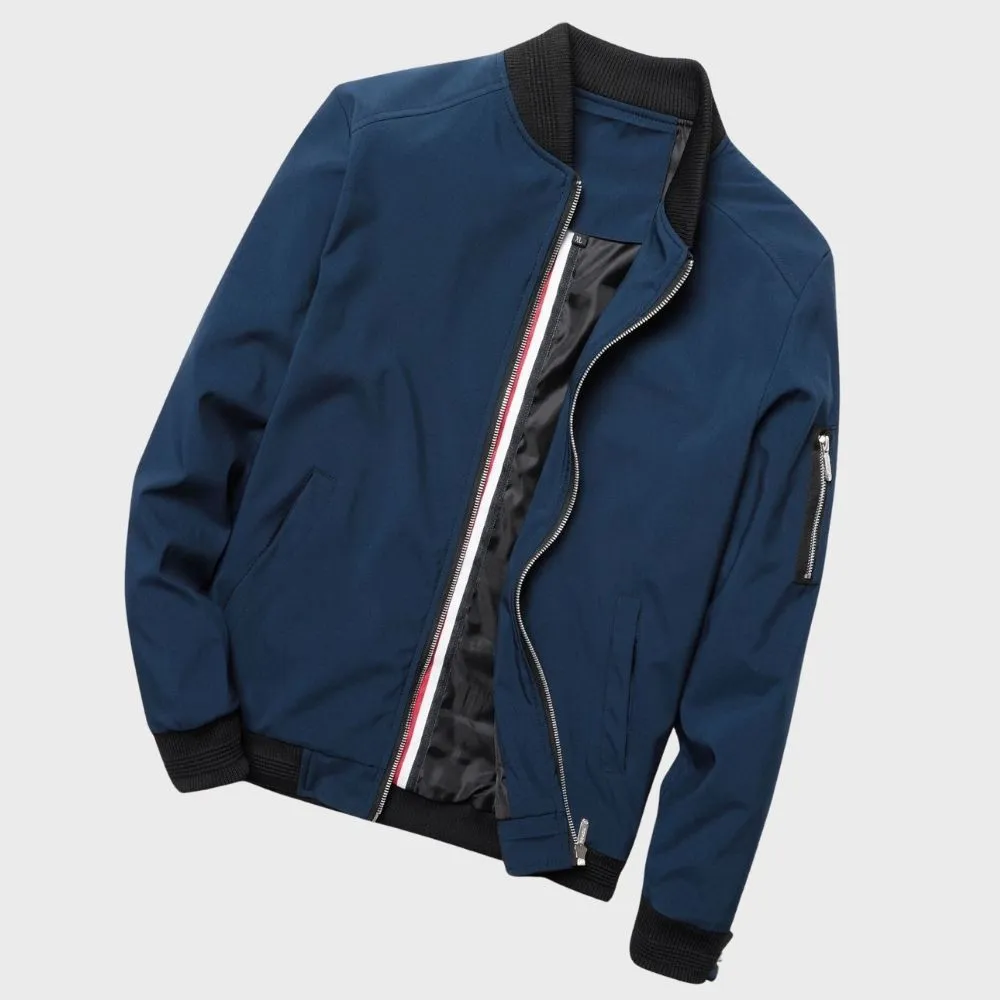 Mens Bomber Jacket - Lightweight Zip Front - Ribbed Collar - Slim Fit Casual Style