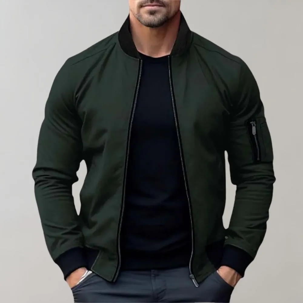 Mens Bomber Jacket - Lightweight Zip Front - Ribbed Collar - Slim Fit Casual Style