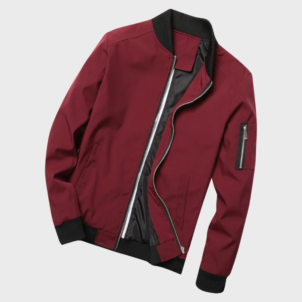 Mens Bomber Jacket - Lightweight Zip Front - Ribbed Collar - Slim Fit Casual Style