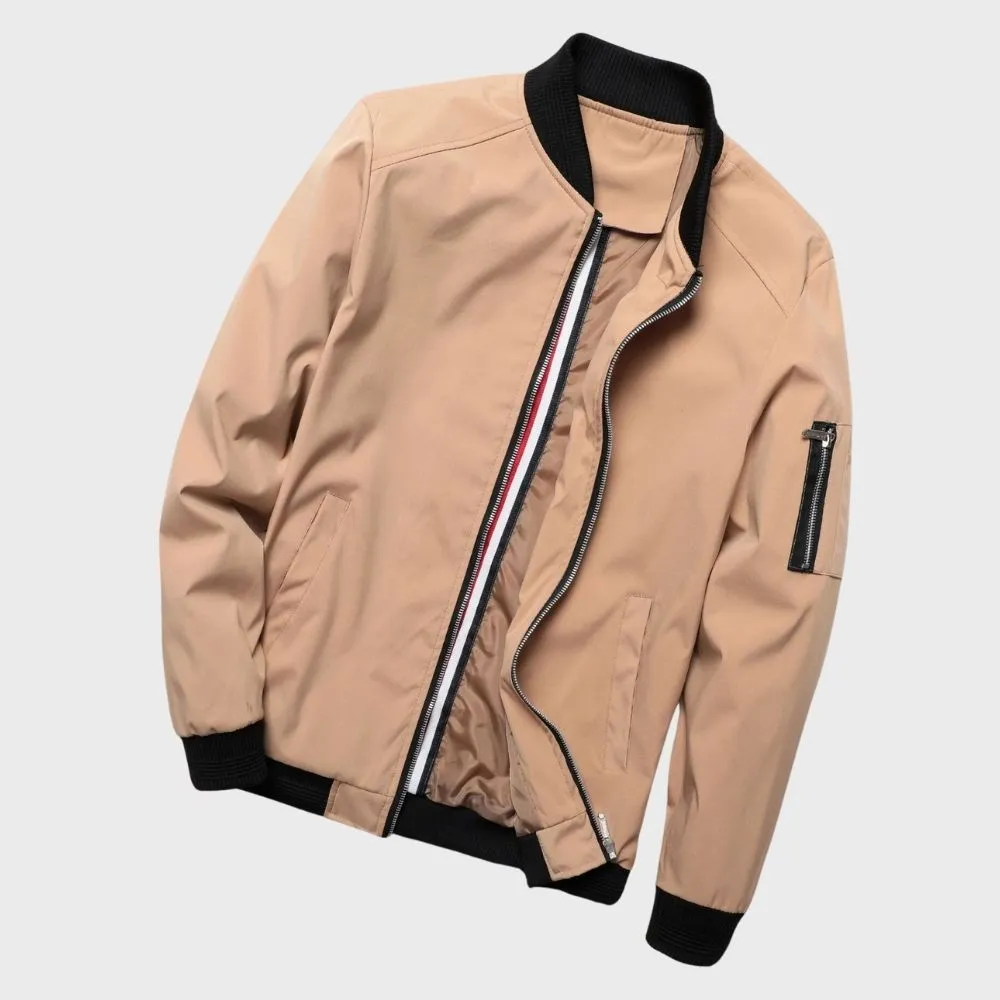 Mens Bomber Jacket - Lightweight Zip Front - Ribbed Collar - Slim Fit Casual Style