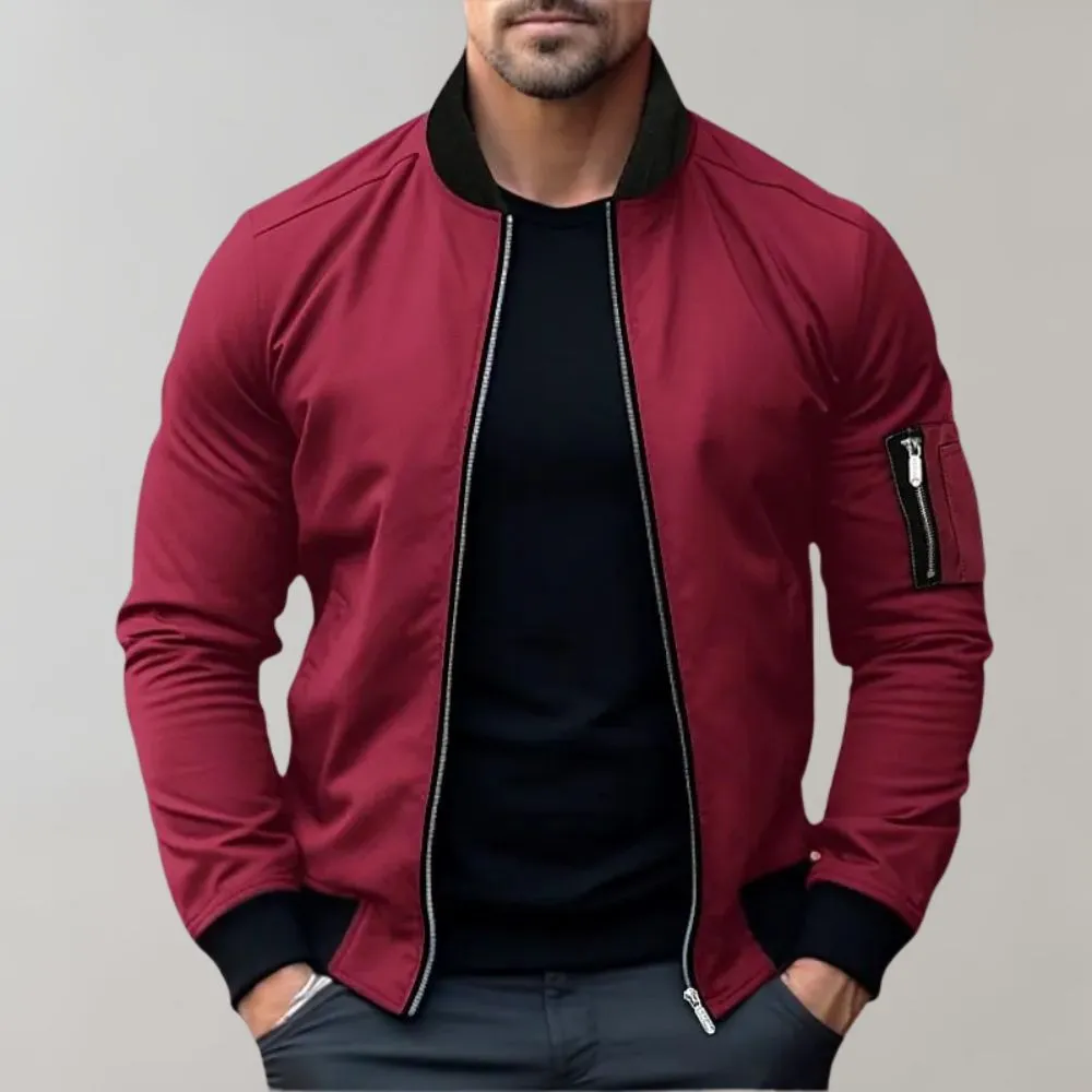 Mens Bomber Jacket - Lightweight Zip Front - Ribbed Collar - Slim Fit Casual Style