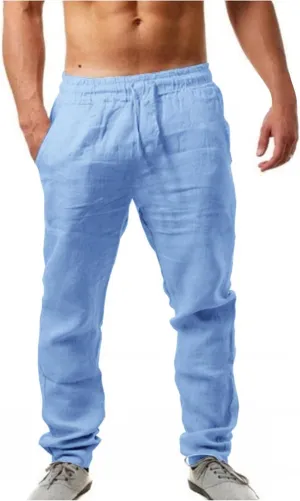 Mens Breathable Cotton Linen Casual Pants with Drawstrings Straight Leg Loose Fit Trousers for Men Solid Pleated Sweatpants