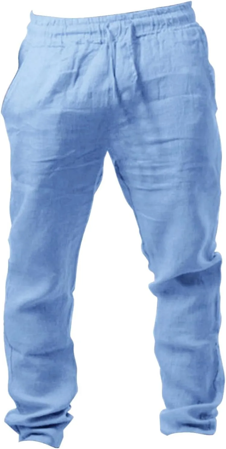 Mens Breathable Cotton Linen Casual Pants with Drawstrings Straight Leg Loose Fit Trousers for Men Solid Pleated Sweatpants