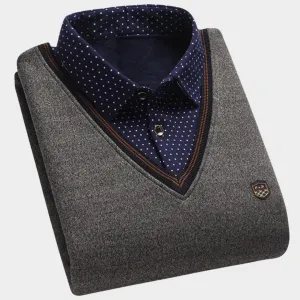 Men's Knitted Sweater - Two-Piece - Polo Collar - Warm Plush Lining - Multiple Colours