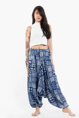 Patchwork Prints Women's Low Cut Cotton Harem Pants in Indigo