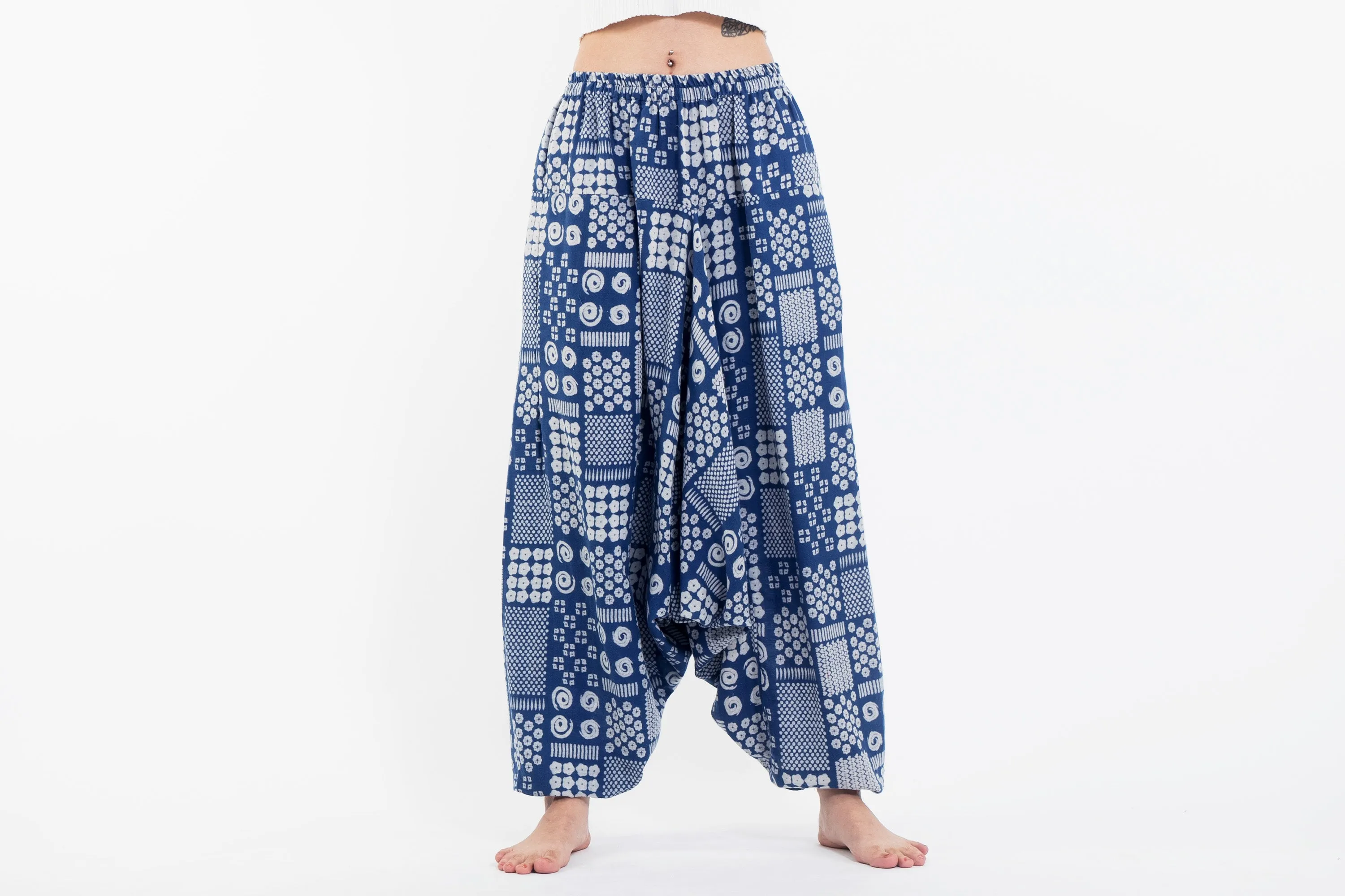 Patchwork Prints Women's Low Cut Cotton Harem Pants in Indigo