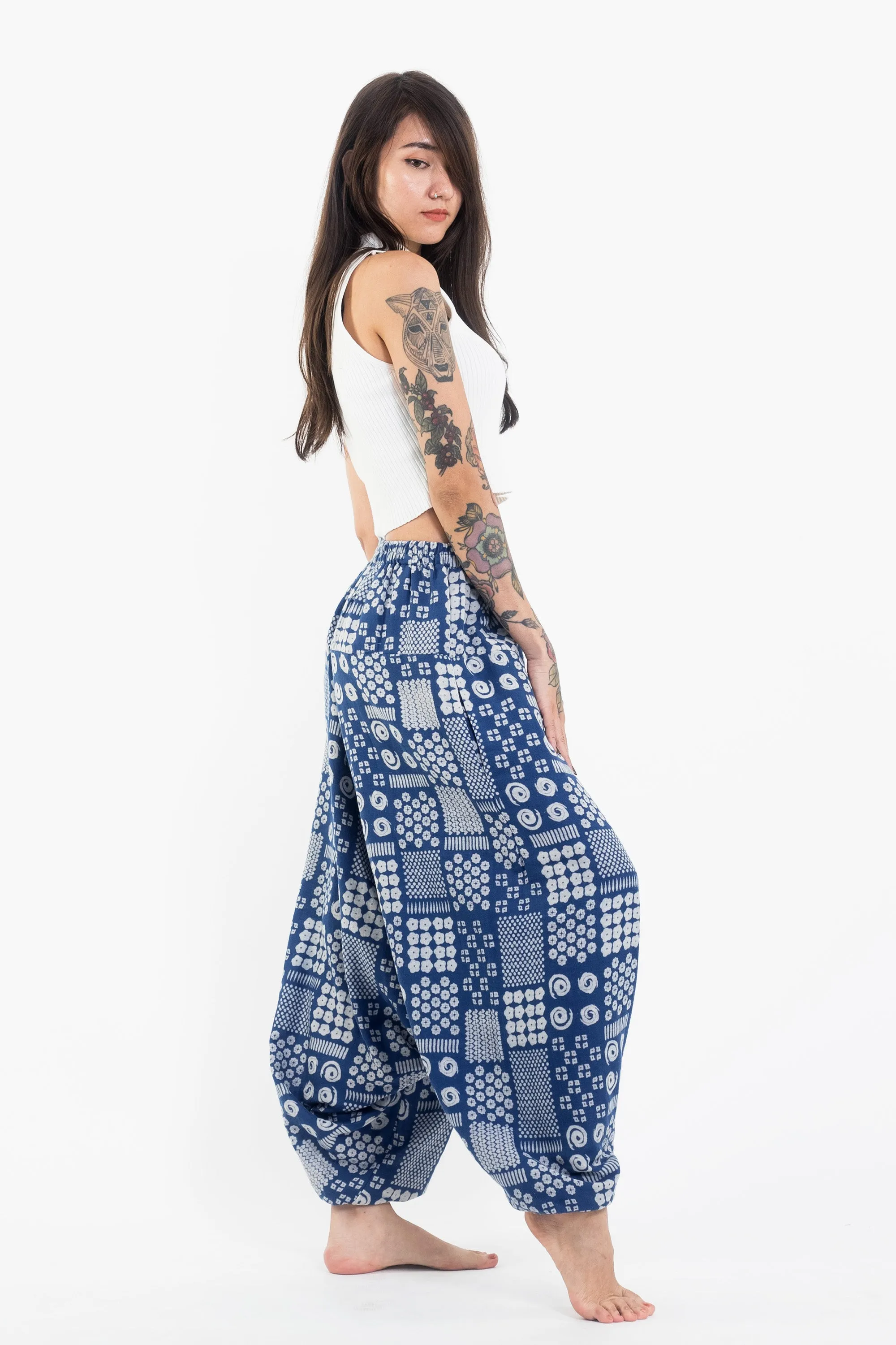 Patchwork Prints Women's Low Cut Cotton Harem Pants in Indigo