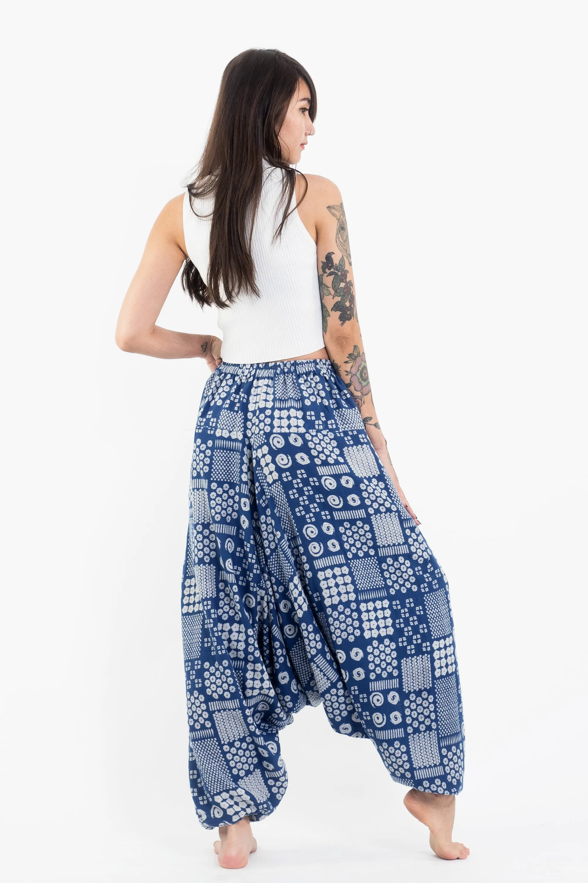 Patchwork Prints Women's Low Cut Cotton Harem Pants in Indigo