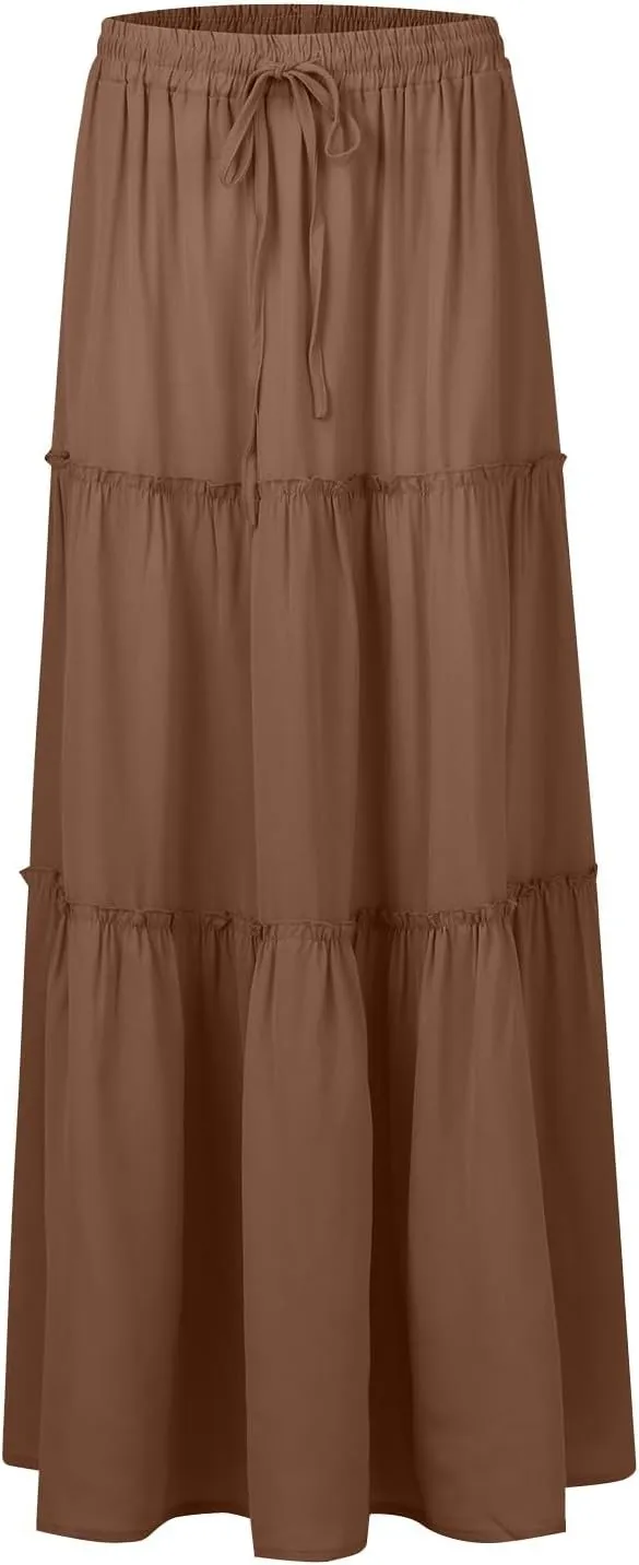 Pleated Skirts for Women Trendy Flowy Maxi Skirts Drawstring Elastic High Waisted Skirts Casual Tiered Ruffle Skirt