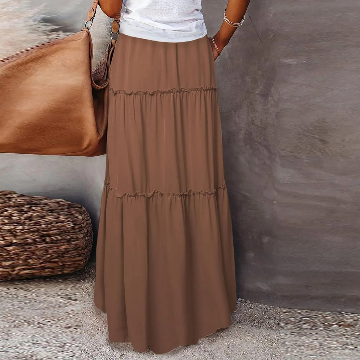 Pleated Skirts for Women Trendy Flowy Maxi Skirts Drawstring Elastic High Waisted Skirts Casual Tiered Ruffle Skirt