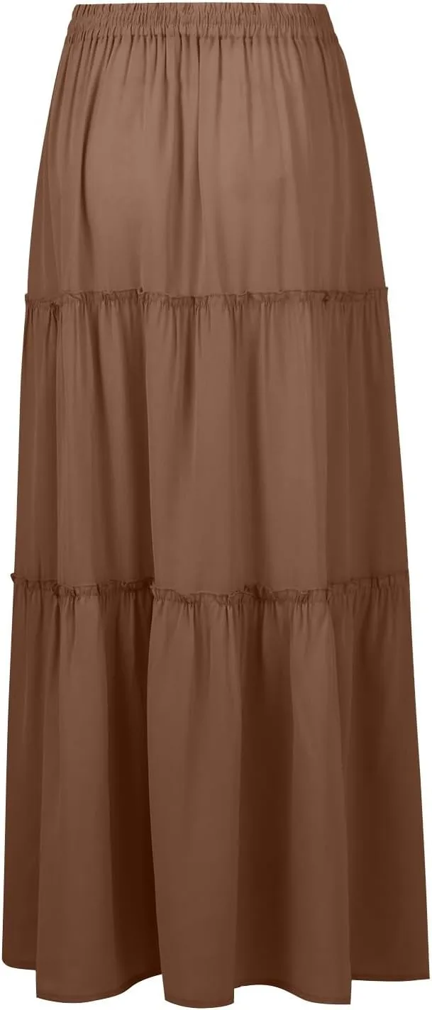 Pleated Skirts for Women Trendy Flowy Maxi Skirts Drawstring Elastic High Waisted Skirts Casual Tiered Ruffle Skirt