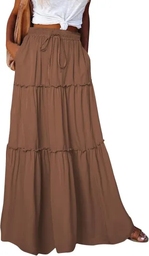 Pleated Skirts for Women Trendy Flowy Maxi Skirts Drawstring Elastic High Waisted Skirts Casual Tiered Ruffle Skirt