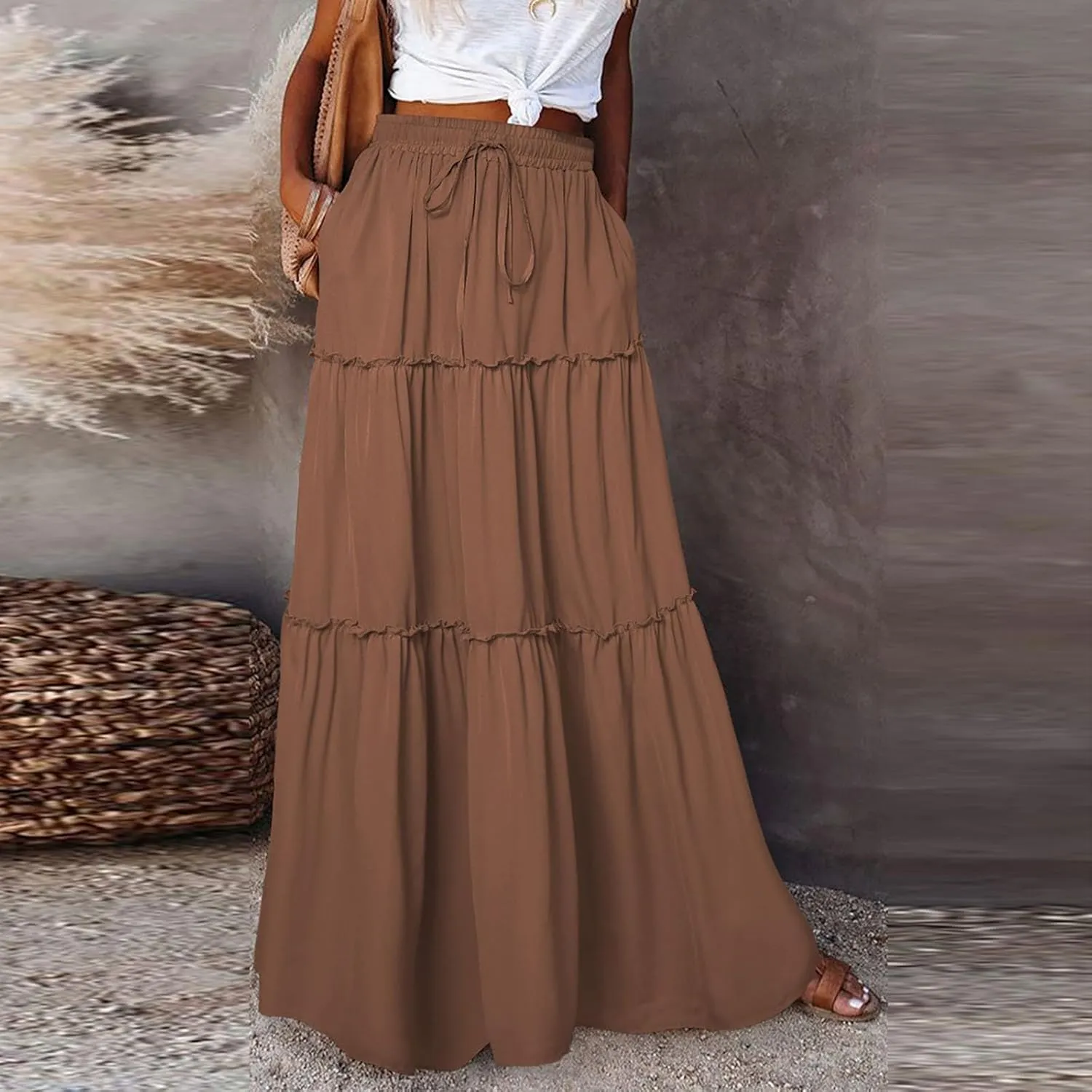 Pleated Skirts for Women Trendy Flowy Maxi Skirts Drawstring Elastic High Waisted Skirts Casual Tiered Ruffle Skirt