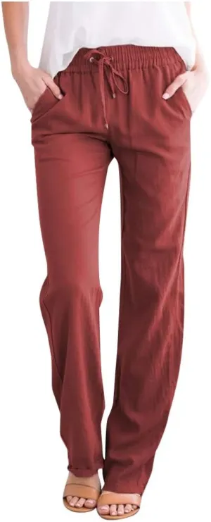 Plus Size Summer Pants Women Linen Drawstring Elastic Waisted Cotton Trousers Casual Trendy Beach Bottoms 2025
