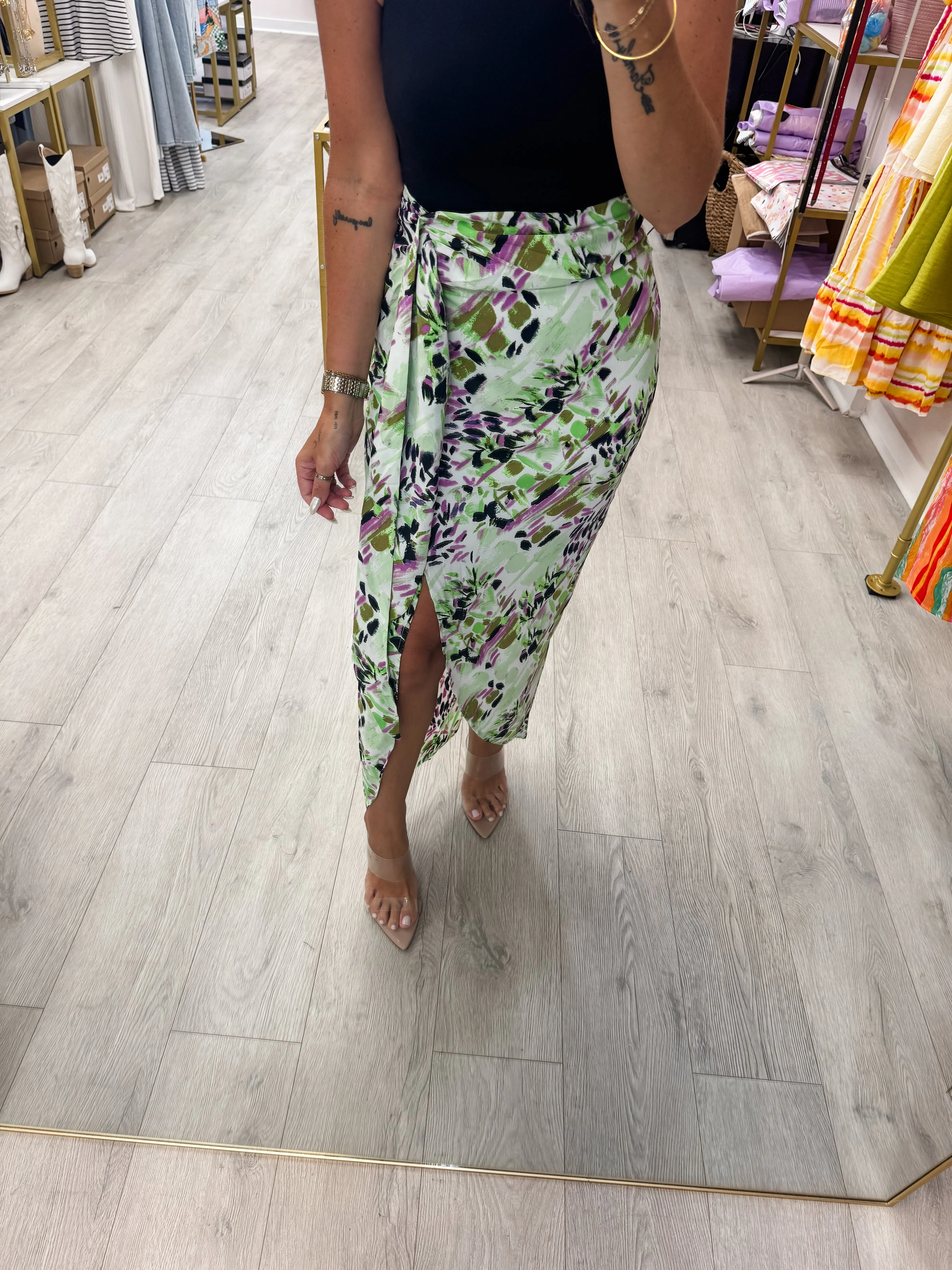 Satin Print High Waisted Skirt