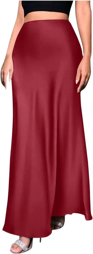 Satin Skirt for Women High Waist A Line Comfy Midi Length Skirt Elegant Cocktail Party Wedding Flared Casual Skirts