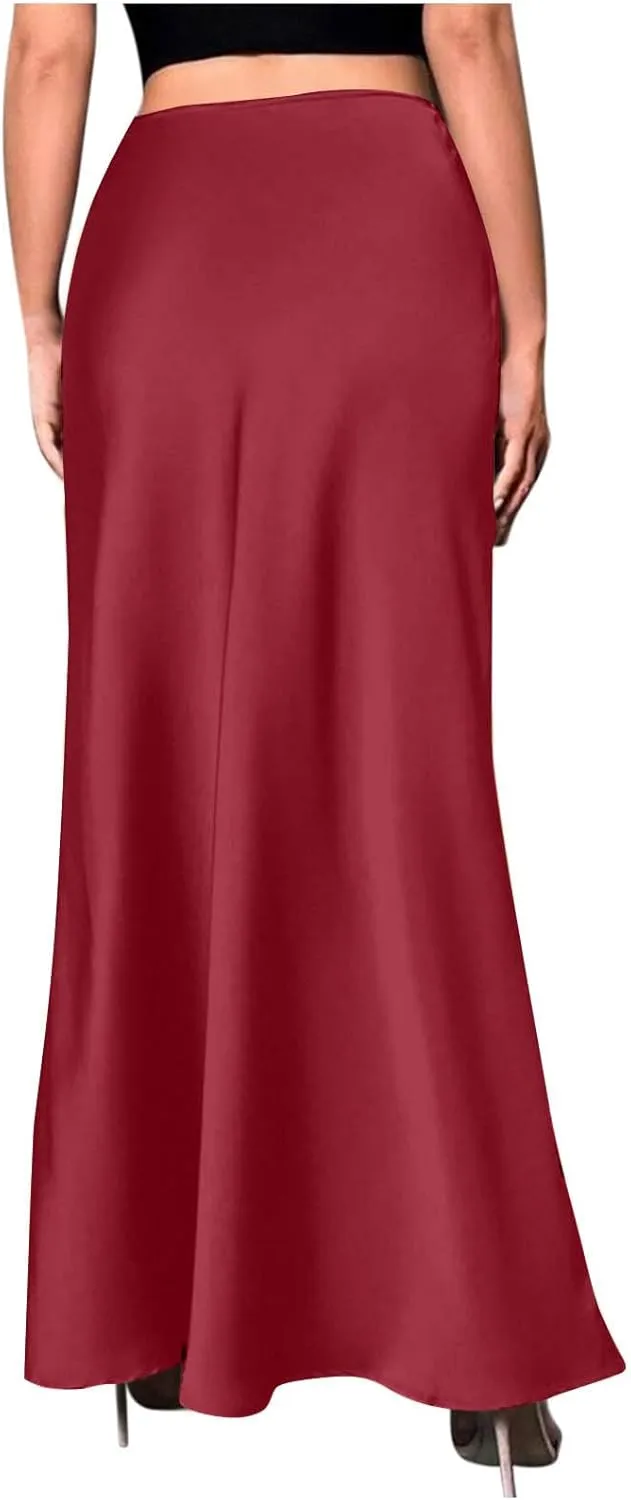 Satin Skirt for Women High Waist A Line Comfy Midi Length Skirt Elegant Cocktail Party Wedding Flared Casual Skirts