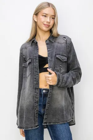 Small Town Show Grey Distressed Denim Shirt