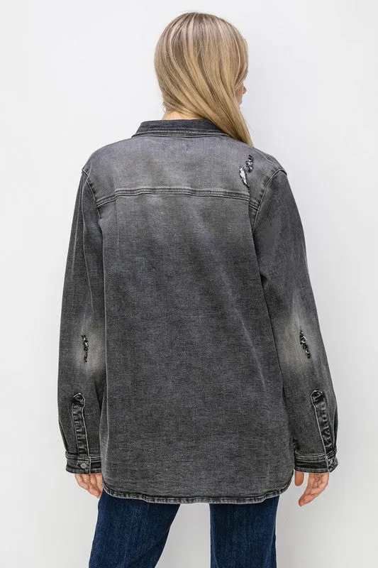 Small Town Show Grey Distressed Denim Shirt